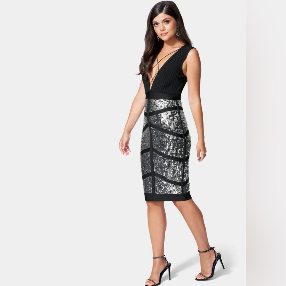 💋 BEBE black silver SEQUIN BANDAGE STRAPPY MIDI DRESS  XL  New RARE 💋